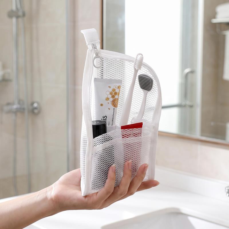 Mesh Zipper Toiletry Storage Pouch - Multi-Pocket Travel Cosmetic Organizer Bag for Bathroom Counter, Vacation Use