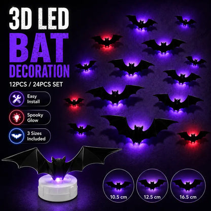 🦇3D Bat Light LED Decorations, 12pcs/24pcs Halloween Spooky Ornaments