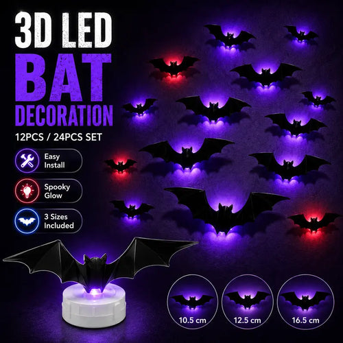 🦇3D Bat Light LED Decorations, 12pcs/24pcs Halloween Spooky Ornaments