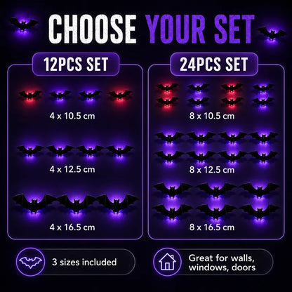 🦇3D Bat Light LED Decorations, 12pcs/24pcs Halloween Spooky Ornaments