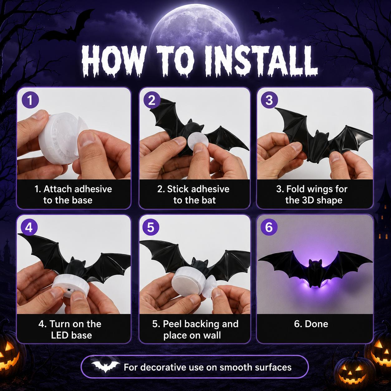 🦇3D Bat Light LED Decorations, 12pcs/24pcs Halloween Spooky Ornaments