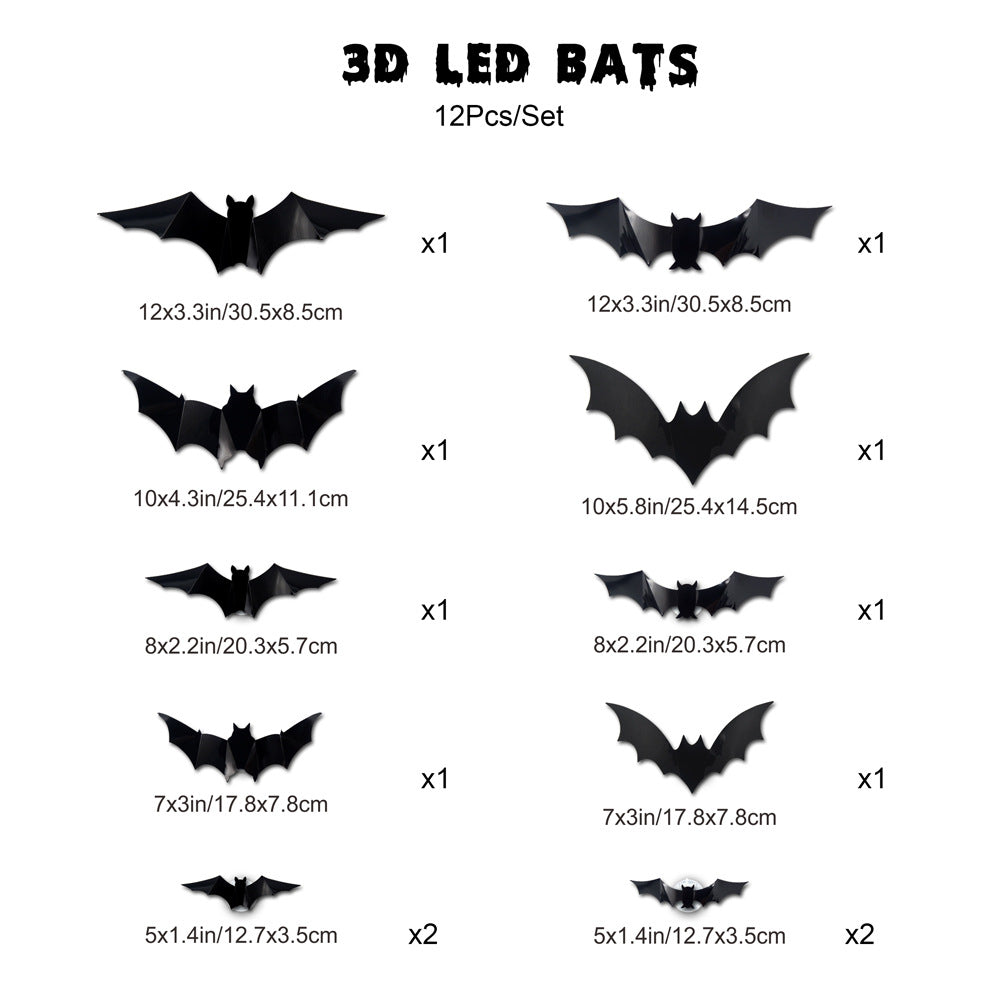 🦇3D Bat Light LED Decorations, 12pcs/24pcs Halloween Spooky Ornaments