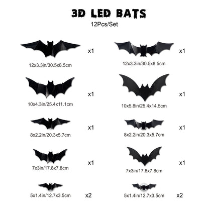 🦇3D Bat Light LED Decorations, 12pcs/24pcs Halloween Spooky Ornaments