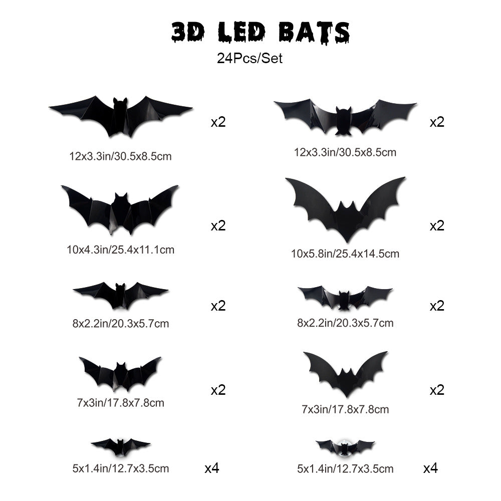 🦇3D Bat Light LED Decorations, 12pcs/24pcs Halloween Spooky Ornaments