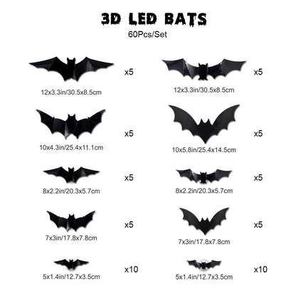 🦇3D Bat Light LED Decorations, 12pcs/24pcs Halloween Spooky Ornaments